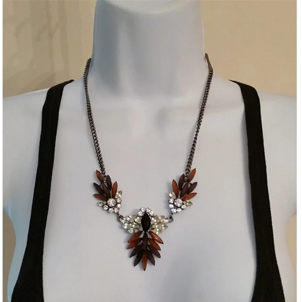GUNMETAL chain crystal rhinestone elegant statement necklace bejeweled costume.
